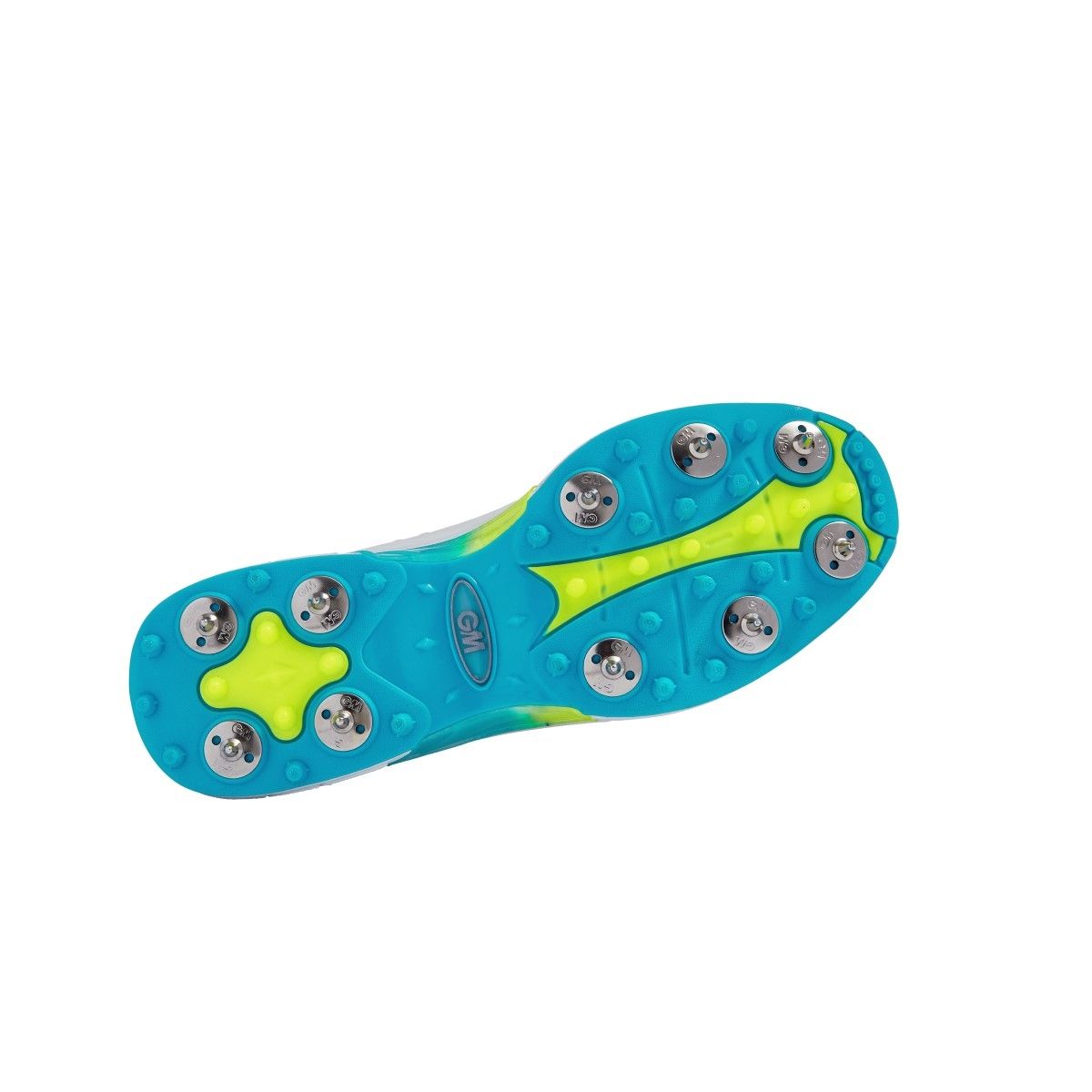 The image shows the bright blue and neon yellow sole of the Gunn & Moore Aion Cricket Spikes 2024, featuring nine metal studs for traction, set against a plain white background.