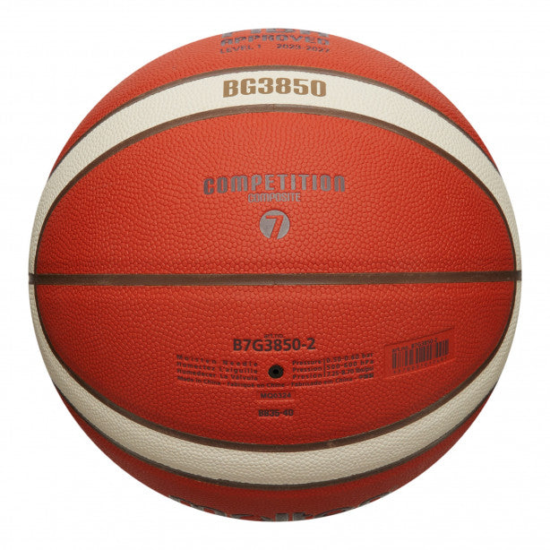 The Molten BG3850 Club Game Basketball features a brown and white design, textured composite cover, visible Molten branding, printed details, and is suitable for indoor or outdoor use.