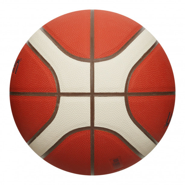 A close-up, top-down view of the Molten BG3850 Club Game Basketball by Molten, featuring white and brown lines and a composite cover, isolated on a white background.