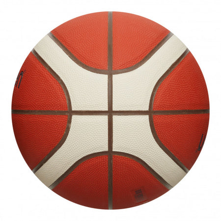 A close-up, top-down view of the Molten BG3850 Club Game Basketball by Molten, featuring white and brown lines and a composite cover, isolated on a white background.