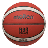 A close-up of the Molten BG3850 Club Game Basketball, showing red and white panels and the text "molten," "FIBA APPROVED LEVEL 1 2023-2027," ideal for indoor/outdoor play, against a white background.