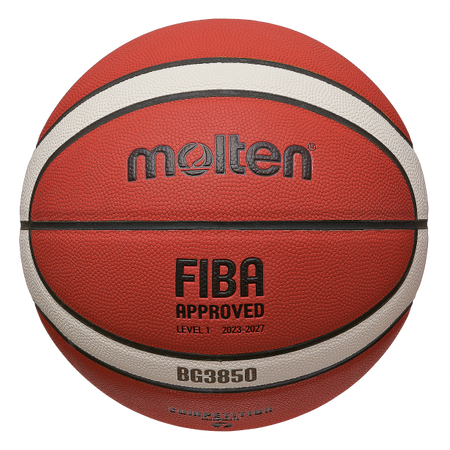 A close-up of the Molten BG3850 Club Game Basketball, showing red and white panels and the text "molten," "FIBA APPROVED LEVEL 1 2023-2027," ideal for indoor/outdoor play, against a white background.