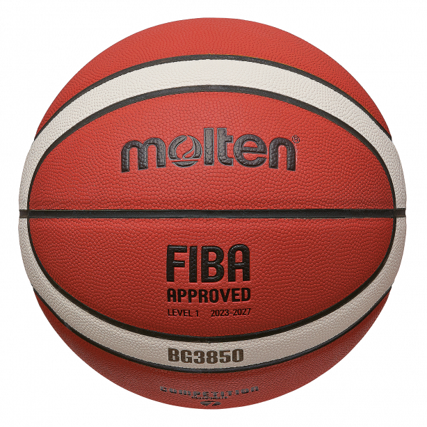 A close-up of the Molten BG3850 Club Game Basketball, showing red and white panels and the text "molten," "FIBA APPROVED LEVEL 1 2023-2027," ideal for indoor/outdoor play, against a white background.