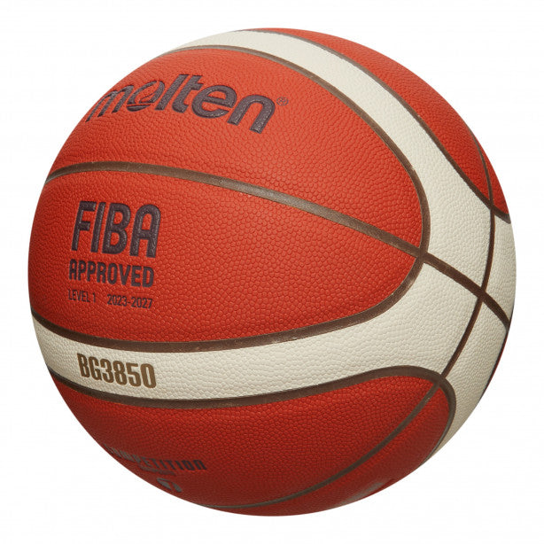 A close-up of the Molten BG3850 Club Game Basketball, showing its red and white panels, FIBA Approved logo, and textured composite cover for better grip—ideal for both indoor and outdoor play.