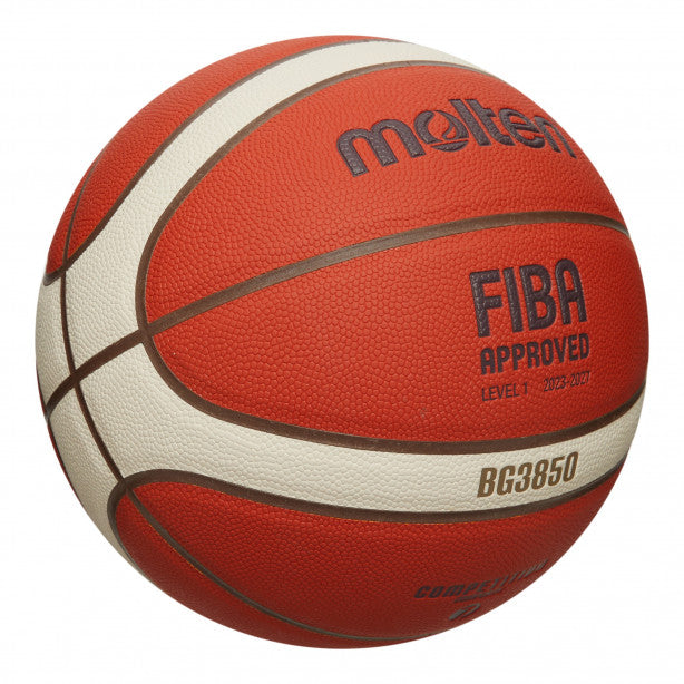 A close-up of the Molten BG3850 Club Game Basketball shows its orange and cream composite panels with "molten," "BG3850," and "FIBA APPROVED" marked on the surface.