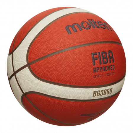 A close-up of the Molten BG3850 Club Game Basketball shows its orange and cream composite panels with "molten," "BG3850," and "FIBA APPROVED" marked on the surface.