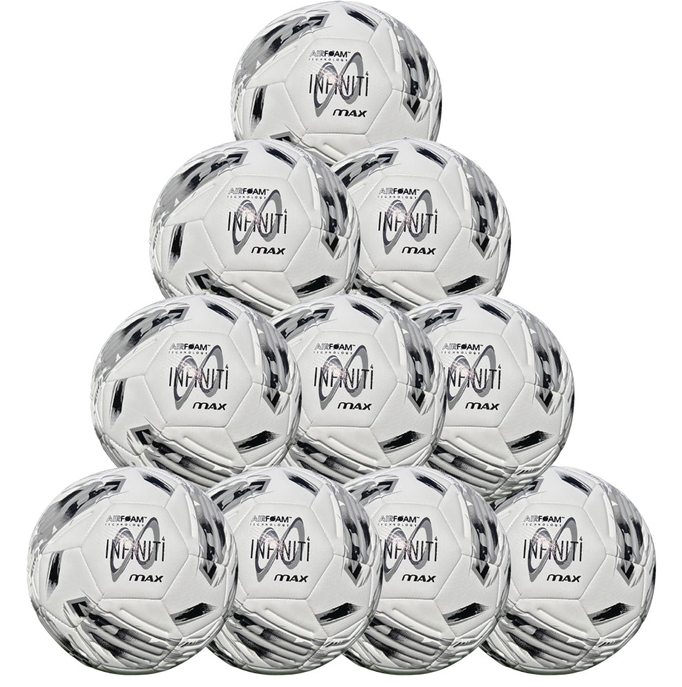 A ten pack of Samba Sports Infiniti 4 Max Training Balls in a striking silver, white, and black design are stacked in a pyramid formation, each featuring the INFINITI MAX branding and distinctive star motif. With precision-moulded grooves, these balls are engineered to deliver enhanced control and accuracy every session.