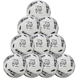A ten pack of Samba Sports Infiniti 4 Max Training Balls in a striking silver, white, and black design are stacked in a pyramid formation, each featuring the INFINITI MAX branding and distinctive star motif. With precision-moulded grooves, these balls are engineered to deliver enhanced control and accuracy every session.
