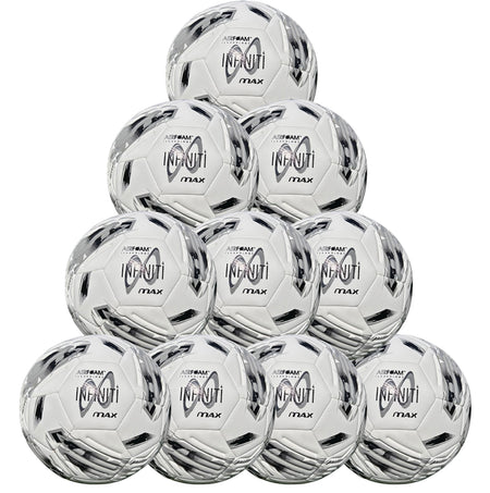 A ten pack of Samba Sports Infiniti 4 Max Training Balls in a striking silver, white, and black design are stacked in a pyramid formation, each featuring the INFINITI MAX branding and distinctive star motif. With precision-moulded grooves, these balls are engineered to deliver enhanced control and accuracy every session.