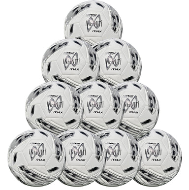 A pyramid-style stack of ten silver, white, and black Samba Infiniti 4 Max Training Balls by Martin Berrill Sports, each featuring precision-moulded grooves for superior control.