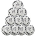 A pyramid-style stack of ten silver, white, and black Samba Infiniti 4 Max Training Balls by Martin Berrill Sports, each featuring precision-moulded grooves for superior control.