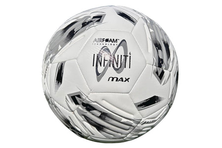 A pack of ten Samba Infiniti 4 Max Training Balls from Samba Sports, featuring a white surface with black and gray geometric patterns and "AIRFOAM TECHNOLOGY INFINITI MAX" printed on each ball. These training footballs are designed with precision-moulded grooves for enhanced control—ideal for practice sessions.