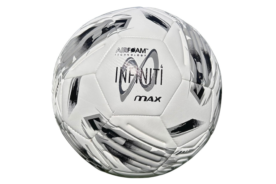 A pack of ten Samba Infiniti 4 Max Training Balls from Samba Sports, featuring a white surface with black and gray geometric patterns and "AIRFOAM TECHNOLOGY INFINITI MAX" printed on each ball. These training footballs are designed with precision-moulded grooves for enhanced control—ideal for practice sessions.