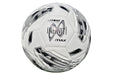 The Martin Berrill Sports Samba Infiniti 4 Max Training Ball in silver, white, and black features precision-moulded grooves and AIRFOAM TECHNOLOGY, making it ideal for football training.