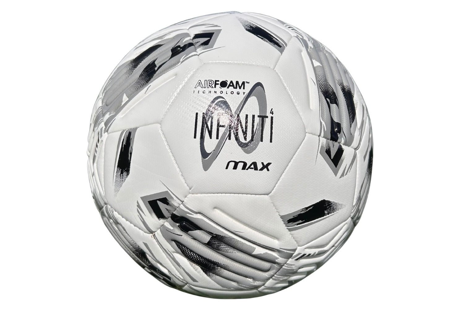 The Martin Berrill Sports Samba Infiniti 4 Max Training Ball in silver, white, and black features precision-moulded grooves and AIRFOAM TECHNOLOGY, making it ideal for football training.