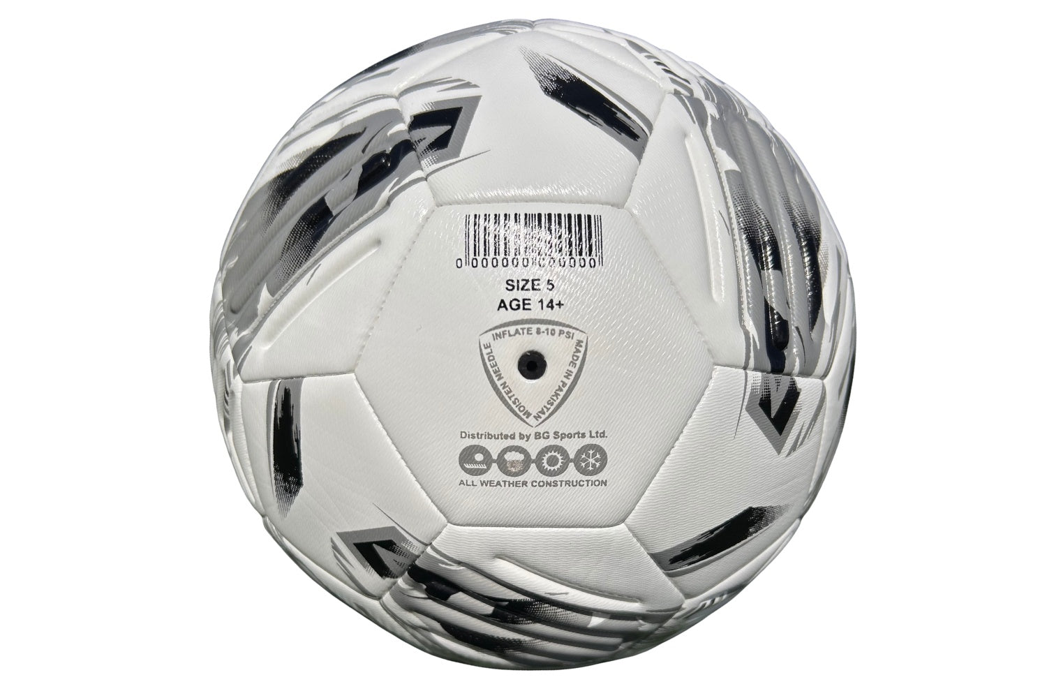 Introducing the Samba Infiniti Max Training Ball by Samba Sports—a size 5 training football in classic white and black. It features angular patterns with precision-moulded grooves for enhanced control. One panel displays the barcode, branding, an age recommendation of 14+, and inflation guidelines, making it an ideal choice for serious players seeking quality in their training sessions.