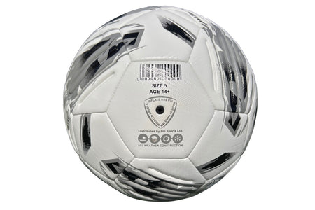 Introducing the Samba Infiniti Max Training Ball by Samba Sports—a size 5 training football in classic white and black. It features angular patterns with precision-moulded grooves for enhanced control. One panel displays the barcode, branding, an age recommendation of 14+, and inflation guidelines, making it an ideal choice for serious players seeking quality in their training sessions.
