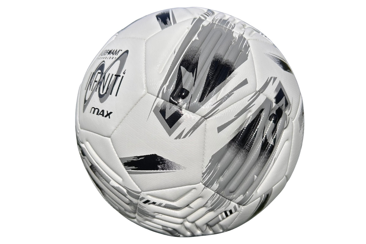 Presenting the Samba Sports Infiniti Max Training Ball—a white football adorned with black and gray abstract geometric patterns, visible stitching, and Samba Sports branding. Equipped with advanced AIRFOAM Technology for improved touch and control, this training ball features precision-moulded grooves on its glossy surface to deliver superior flight consistency.