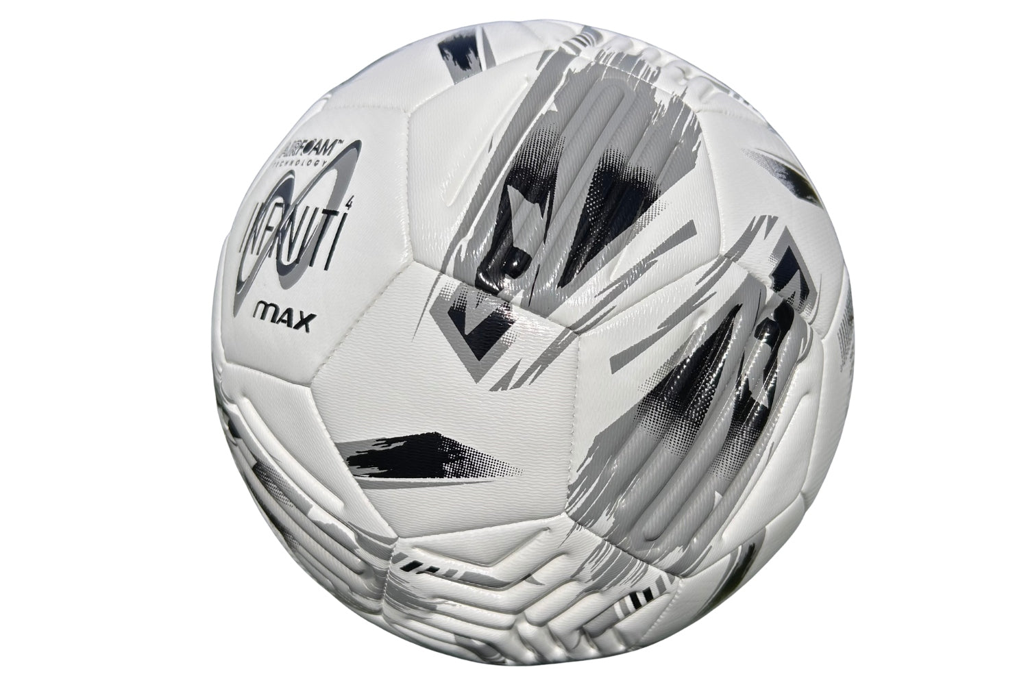 Presenting the Samba Sports Infiniti Max Training Ball—a white football adorned with black and gray abstract geometric patterns, visible stitching, and Samba Sports branding. Equipped with advanced AIRFOAM Technology for improved touch and control, this training ball features precision-moulded grooves on its glossy surface to deliver superior flight consistency.