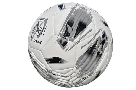 Presenting the Samba Sports Infiniti Max Training Ball—a white football adorned with black and gray abstract geometric patterns, visible stitching, and Samba Sports branding. Equipped with advanced AIRFOAM Technology for improved touch and control, this training ball features precision-moulded grooves on its glossy surface to deliver superior flight consistency.