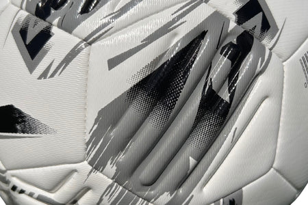 Close-up of the Samba Infiniti Max Training Ball by Samba Sports—a white football featuring a textured surface with black and gray geometric patterns. The detailed image showcases its stitching, precision-moulded grooves, and distinctive design elements, making it an ideal choice for your collection of training footballs.