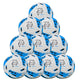 A pyramid arrangement of ten Samba Sports Infiniti 4 Max Training Balls in white, black, and blue, each featuring “INNIT” and “MAX” branding and precision-moulded grooves for enhanced control—ideal for training sessions.