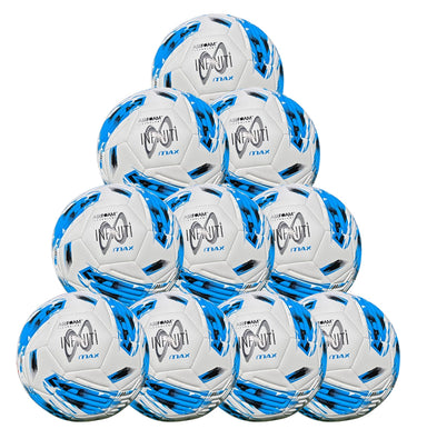 A pyramid of ten Samba Infiniti 4 Max Training Balls by Martin Berrill Sports in white, black, and blue, each with geometric patterns and precision-moulded grooves. This ten pack is perfect for soccer training sessions.