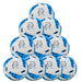 A pyramid of ten Samba Infiniti 4 Max Training Balls by Martin Berrill Sports in white, black, and blue, each with geometric patterns and precision-moulded grooves. This ten pack is perfect for soccer training sessions.