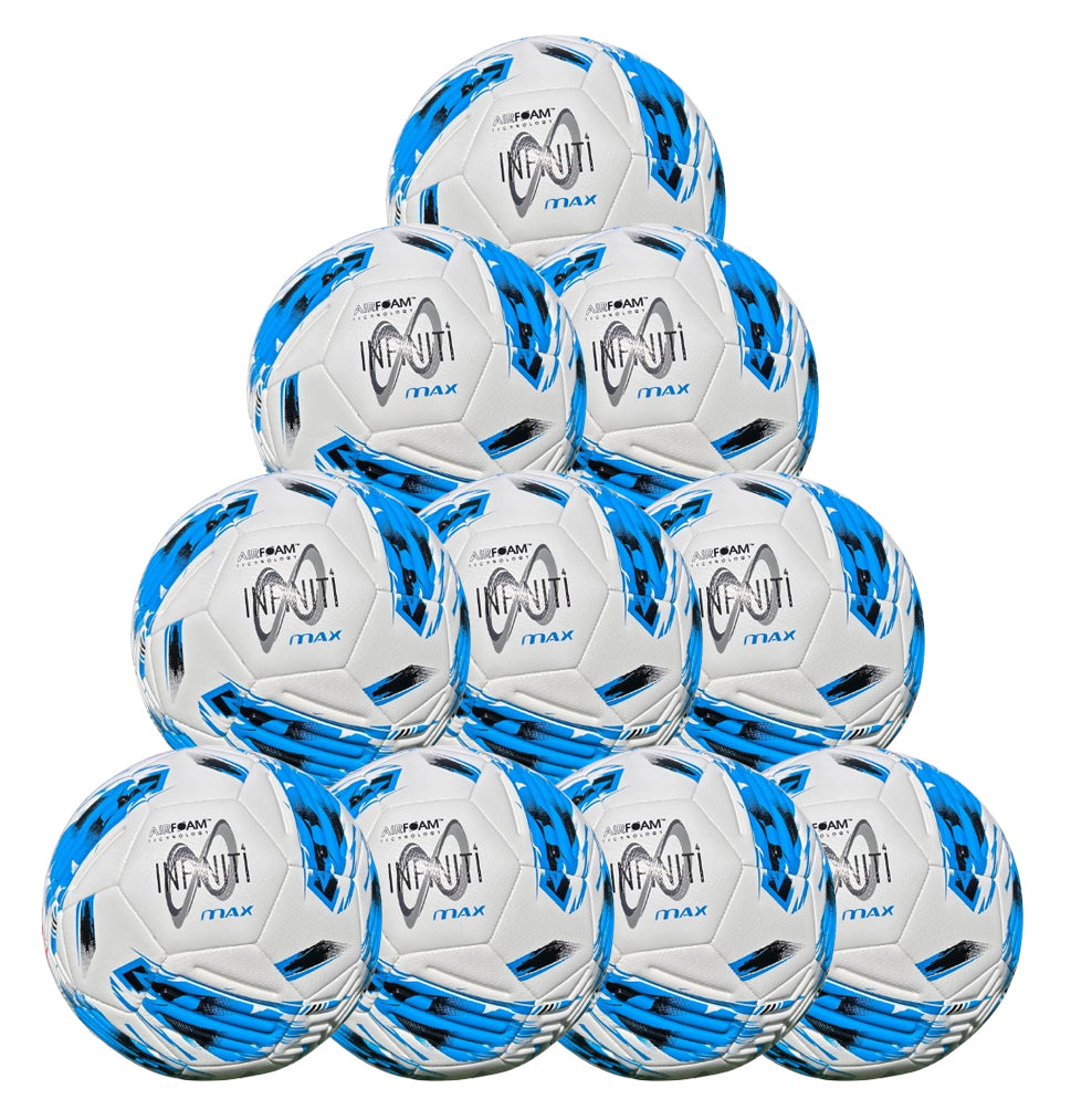 A pyramid of ten Samba Infiniti 4 Max Training Balls by Martin Berrill Sports in white, black, and blue, each with geometric patterns and precision-moulded grooves. This ten pack is perfect for soccer training sessions.