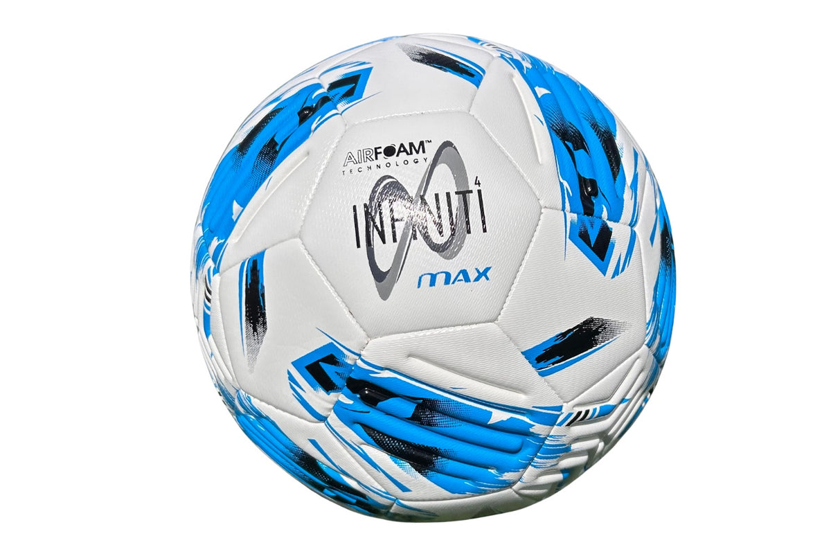 A white Samba Infiniti 4 Max Training Ball by Samba Sports, accented with blue and black patterns and featuring "AIRFOAM TECHNOLOGY" and "INFINITI MAX" printed on the surface. Designed with precision-moulded grooves, this high-quality ball is sold in a convenient ten pack—ideal for those seeking reliable training footballs.