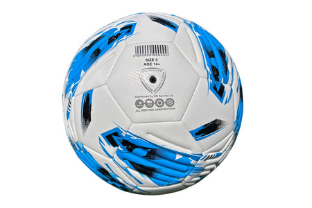 The Samba Infiniti Max Training Ball by Samba Sports is a white soccer ball with blue and black patterns, labeled “Size 5+,” “Age 14+,” and “All weather construction.” Crafted as a high-quality training football, it features AIRFOAM Technology and precision-moulded grooves for enhanced control. The ball also includes a barcode and manufacturer details printed on one of its panels.