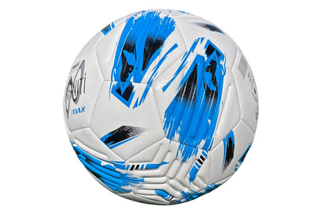 The Samba Infiniti Max Training Ball by Samba Sports is a white soccer ball with bold blue and black brushstroke patterns on its panels, featuring precision-moulded grooves for enhanced aerodynamics, shown isolated on a white background.