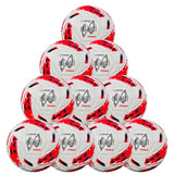 Ten Samba Infiniti 4 Max Training Balls by Samba Sports, in a white, red, and black color scheme and featuring precision-moulded grooves for enhanced control, are arranged in a pyramid formation against a white background.