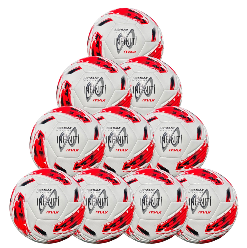 Ten Samba Infiniti 4 Max Training Balls by Samba Sports, in a white, red, and black color scheme and featuring precision-moulded grooves for enhanced control, are arranged in a pyramid formation against a white background.