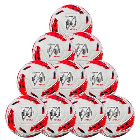 Ten Samba Infiniti 4 Max Training Balls by Samba Sports, in a white, red, and black color scheme and featuring precision-moulded grooves for enhanced control, are arranged in a pyramid formation against a white background.
