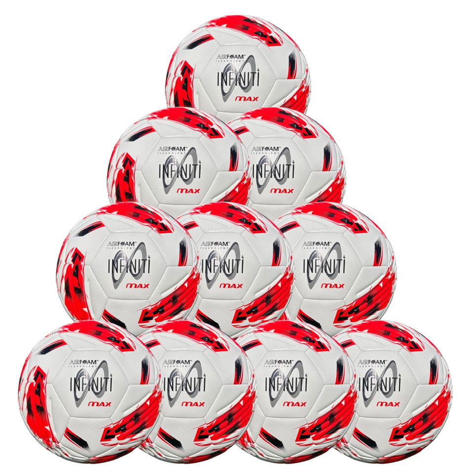 Ten Samba Infiniti 4 Max Training Balls by Samba Sports, in a white, red, and black color scheme and featuring precision-moulded grooves for enhanced control, are arranged in a pyramid formation against a white background.