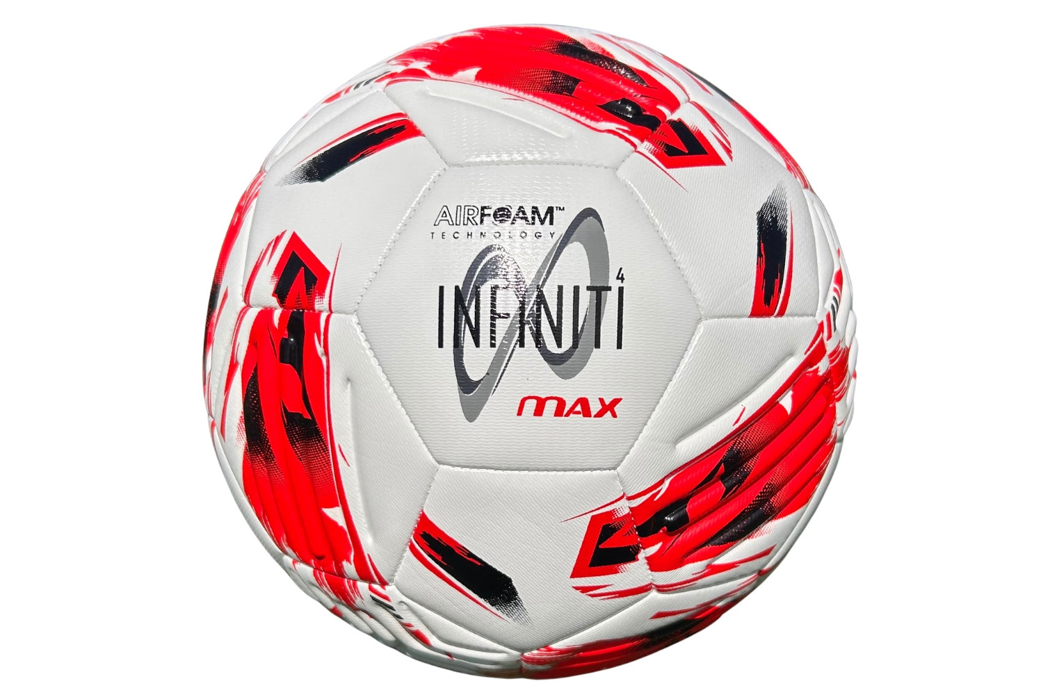 A pack of Samba Infiniti 4 Max Training Balls by Samba Sports, designed in white with striking red and black patterns. The front showcases the text "AIR FOAM TECHNOLOGY INFINITI 4 MAX" in bold black and gray lettering. Precision-moulded grooves enhance flight stability and control, making these training footballs ideal for every practice session. This ten pack is perfect for teams or clubs looking to elevate their sessions with high-quality performance balls.