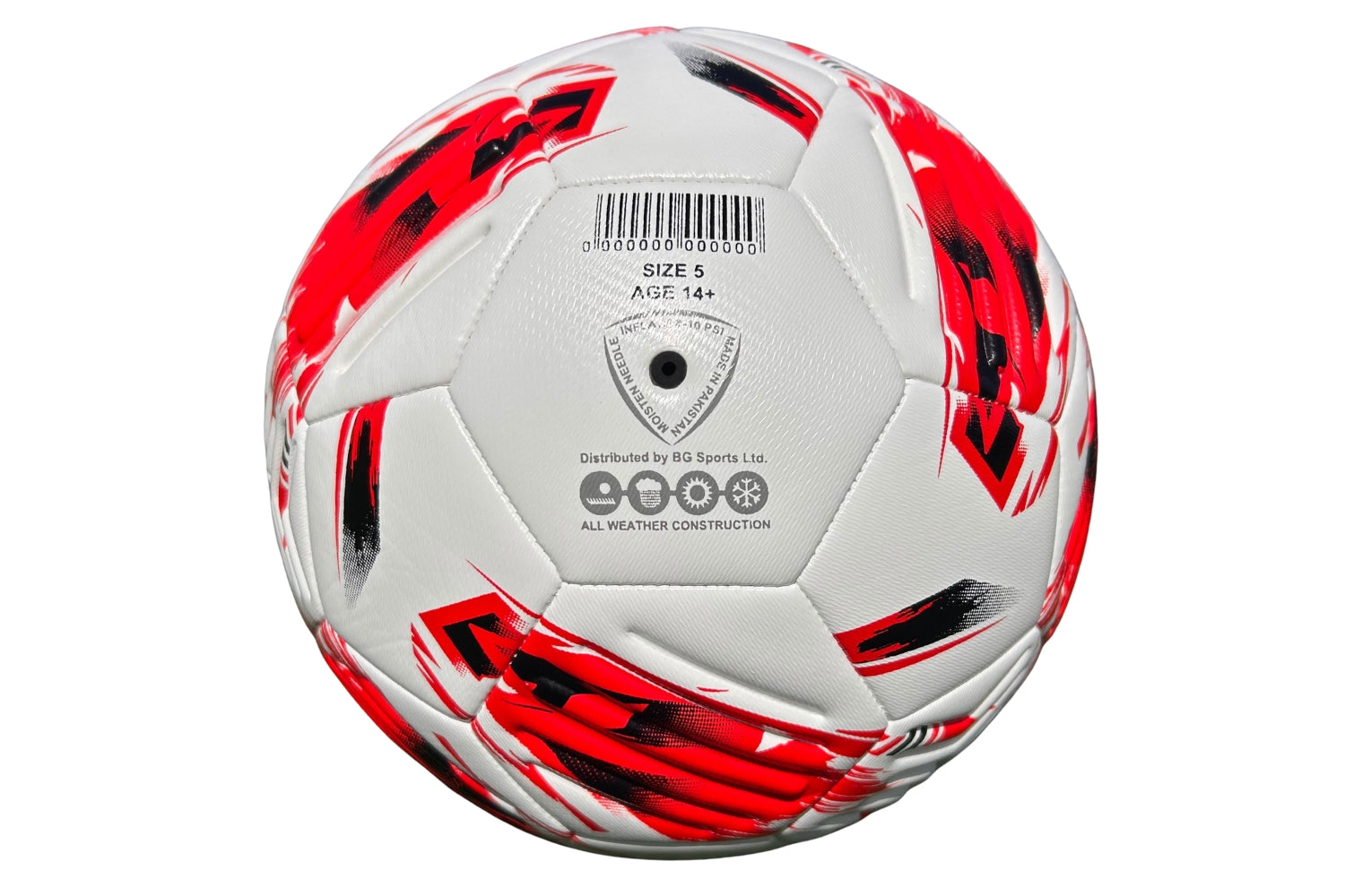 The Samba Infiniti Max Training Ball by Samba Sports features a white design with red and black patterns, precision-moulded grooves for enhanced control, a barcode, size 5 and age 14+ label, and distributor details printed on one panel—making it an ideal choice for those seeking reliable training footballs.