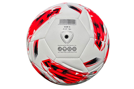 The Samba Infiniti Max Training Ball by Samba Sports features a white design with red and black patterns, precision-moulded grooves for enhanced control, a barcode, size 5 and age 14+ label, and distributor details printed on one panel—making it an ideal choice for those seeking reliable training footballs.