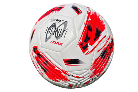 A white and red Samba Infiniti Max Training Ball from Samba Sports, featuring black accents and the text "AIRFOAM TECHNOLOGY INFINITI MAX" on its surface. Designed with precision-moulded grooves for enhanced control, this training football is ideal for improving skills. The ball is isolated on a white background.