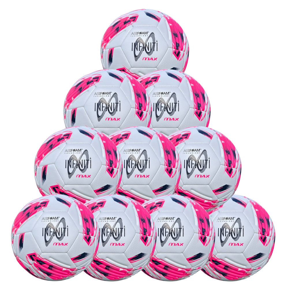 A pyramid arrangement of ten Samba Infiniti 4 Max Training Balls by Samba Sports in white, pink, and navy showcases these training footballs, which feature precision-moulded grooves for enhanced control.