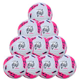A pyramid arrangement of ten Samba Infiniti 4 Max Training Balls by Samba Sports in white, pink, and navy showcases these training footballs, which feature precision-moulded grooves for enhanced control.