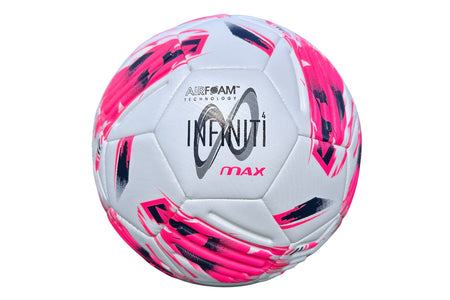 The Samba Sports Infiniti 4 Max Training Ball, available in a ten pack, is a white football featuring pink and black patterns, with "AIRFOAM TECHNOLOGY," an infinity symbol, and "INFINITI MAX" printed on the front. Designed with precision-moulded grooves for enhanced accuracy, this ball is ideal for training sessions.