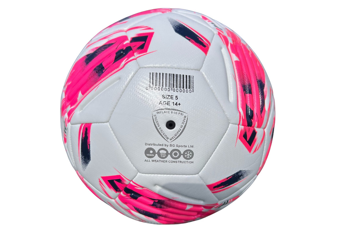 The Samba Infiniti Max Training Ball by Samba Sports is a white size 5 soccer ball with vibrant pink and black patterns, designed with precision-moulded grooves for enhanced control. Suitable for ages 14 and up, it features a barcode, manufacturer details, and clear labeling on one of its panels—making it ideal as a training football.