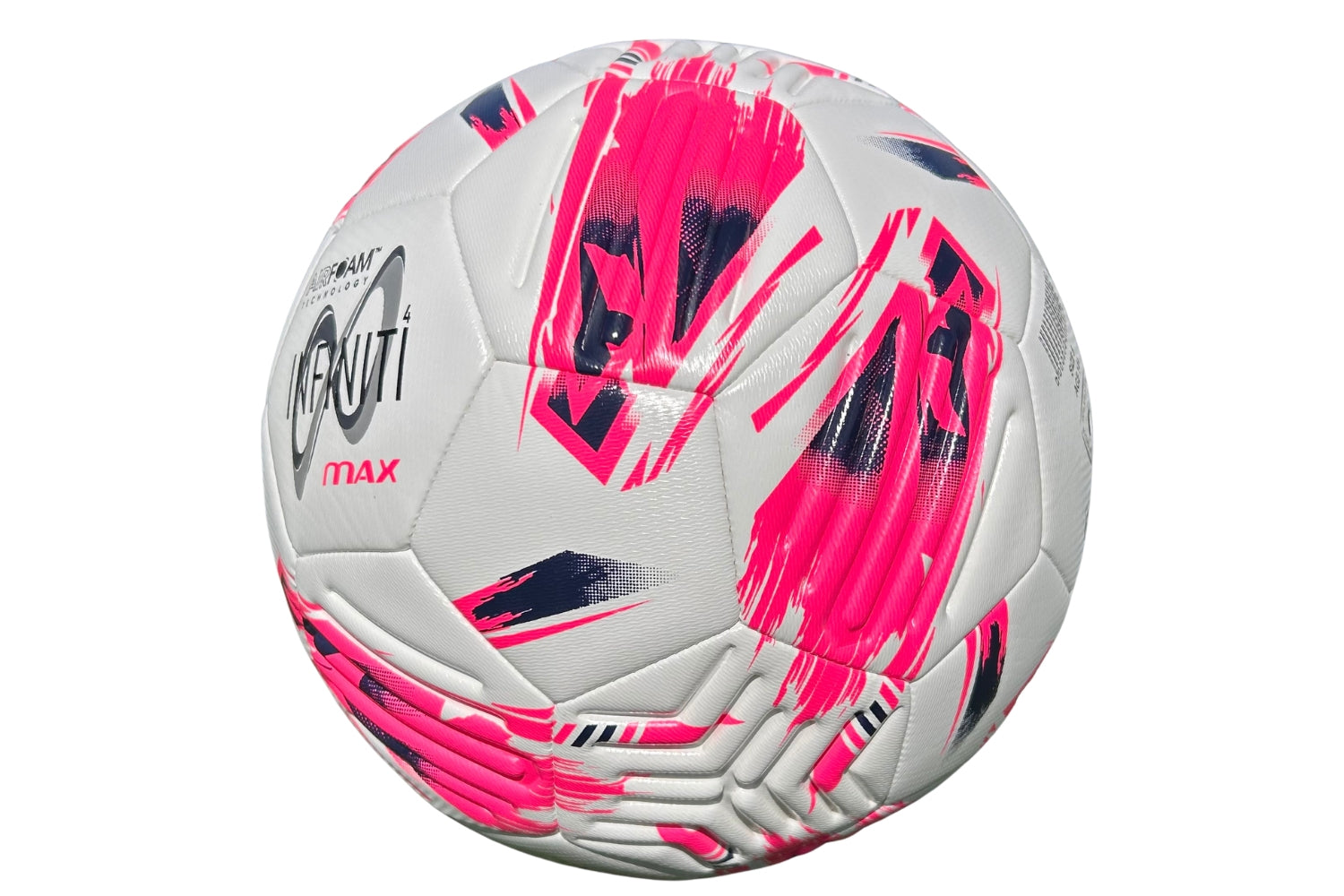 The Samba Infiniti Max Training Ball by Samba Sports is a white soccer ball featuring bold pink and dark blue graphic patterns, with "Fruiti" and "MAX" printed on its surface. As one of our premium training footballs, it incorporates AIRFOAM Technology and precision-moulded grooves to deliver enhanced control and durability.