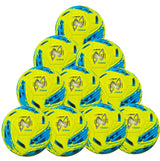 Ten Samba Infiniti 4 Max Training Balls by Samba Sports, in Fluo Yellow/Blue, are arranged in a pyramid formation with four balls at the base and one on top. Each ball displays the Infiniti Max branding and features precision-moulded grooves designed to enhance flight control.