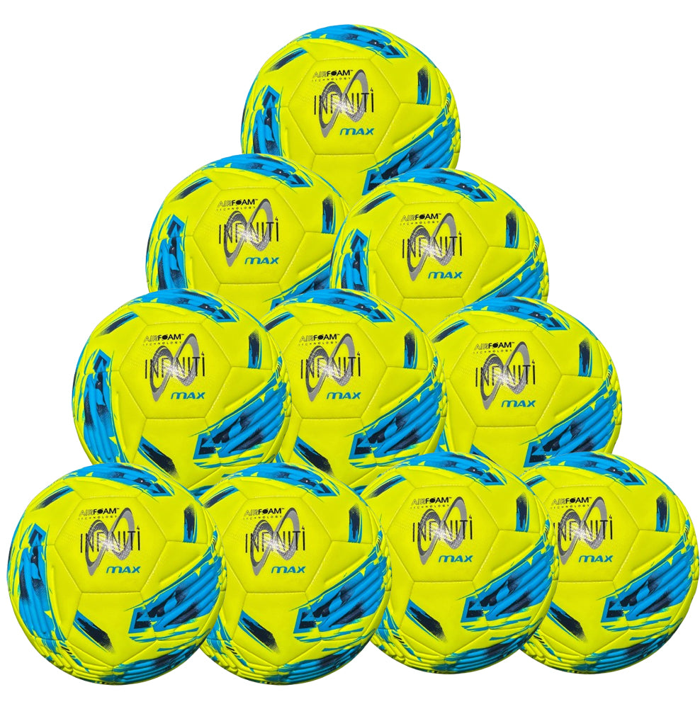 Ten Samba Infiniti 4 Max Training Balls by Samba Sports, in Fluo Yellow/Blue, are arranged in a pyramid formation with four balls at the base and one on top. Each ball displays the Infiniti Max branding and features precision-moulded grooves designed to enhance flight control.