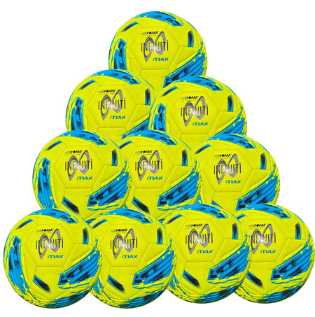 Ten Samba Infiniti 4 Max Training Balls by Samba Sports, in Fluo Yellow/Blue, are arranged in a pyramid formation with four balls at the base and one on top. Each ball displays the Infiniti Max branding and features precision-moulded grooves designed to enhance flight control.