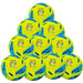 A pyramid of ten Fluo Yellow/Blue Samba Infiniti 4 Max Training Balls by Martin Berrill Sports, each featuring Infiniti MAX branding and precision-moulded grooves for enhanced performance.