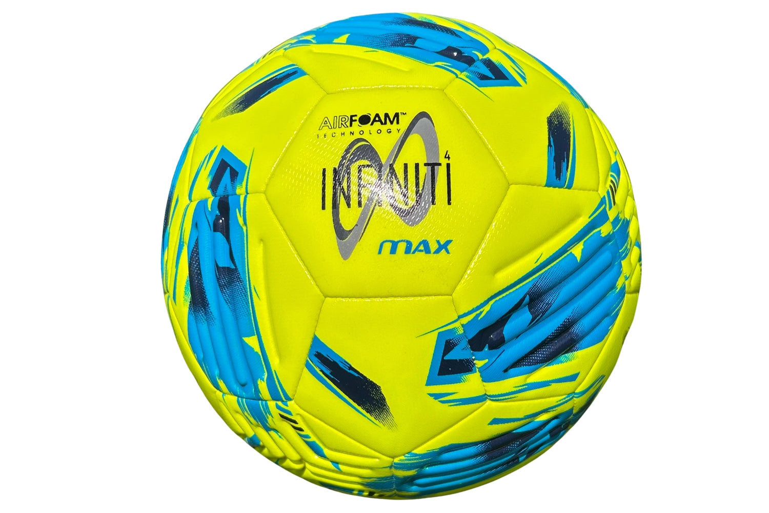 A set of ten bright yellow Samba Infiniti 4 Max Training Balls from Samba Sports, each featuring blue and black accented patterns and printed with "AIRFOAM TECHNOLOGY," "INFINITI 4," and "MAX." Engineered specifically for training, these footballs incorporate precision-moulded grooves to enhance control and durability.
